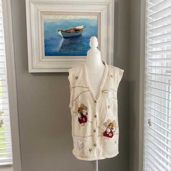 Bobbie Brooks Vintage Cream Angel Cloud Sweater Vest Large - Picture 2 of 13